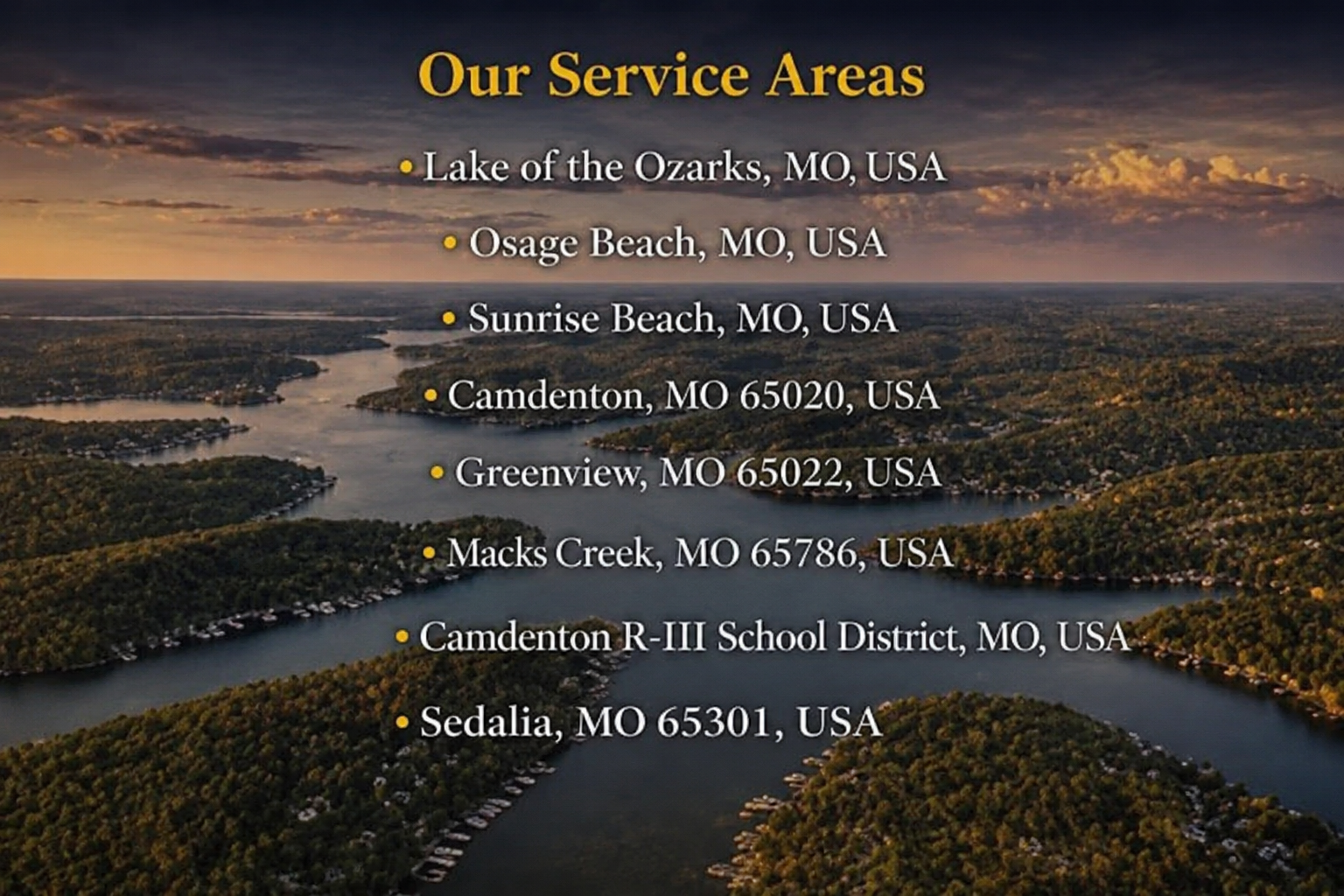 HVAC service areas across Lake of the Ozarks including Osage Beach, Sunrise Beach, Camdenton, Greenview, Linn Creek, Macks Creek, Camdenton R-III School District, and Sedalia Missouri.